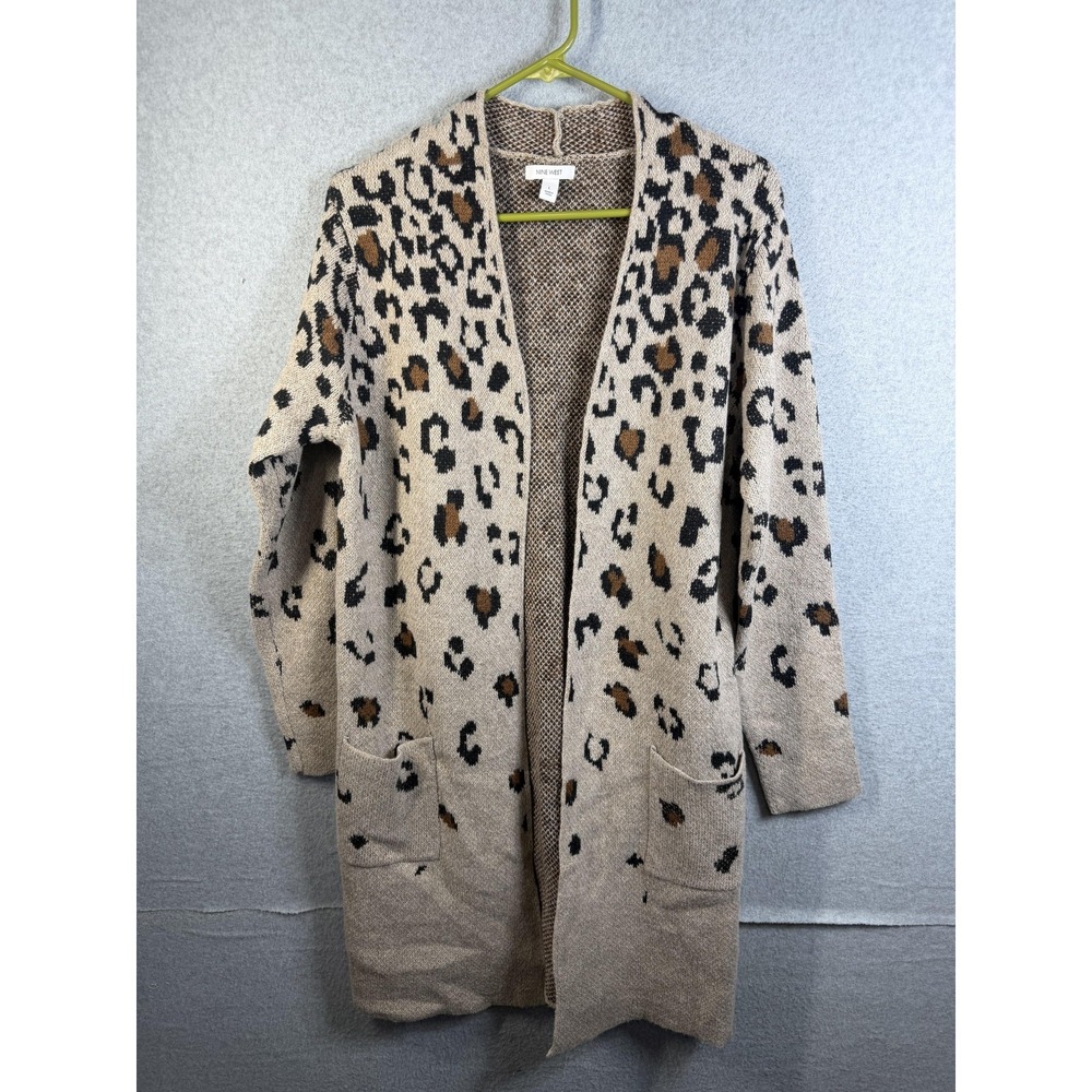 Nine West Cardigan Womens Large Beige Leopard Print Open Front Knit Sweater